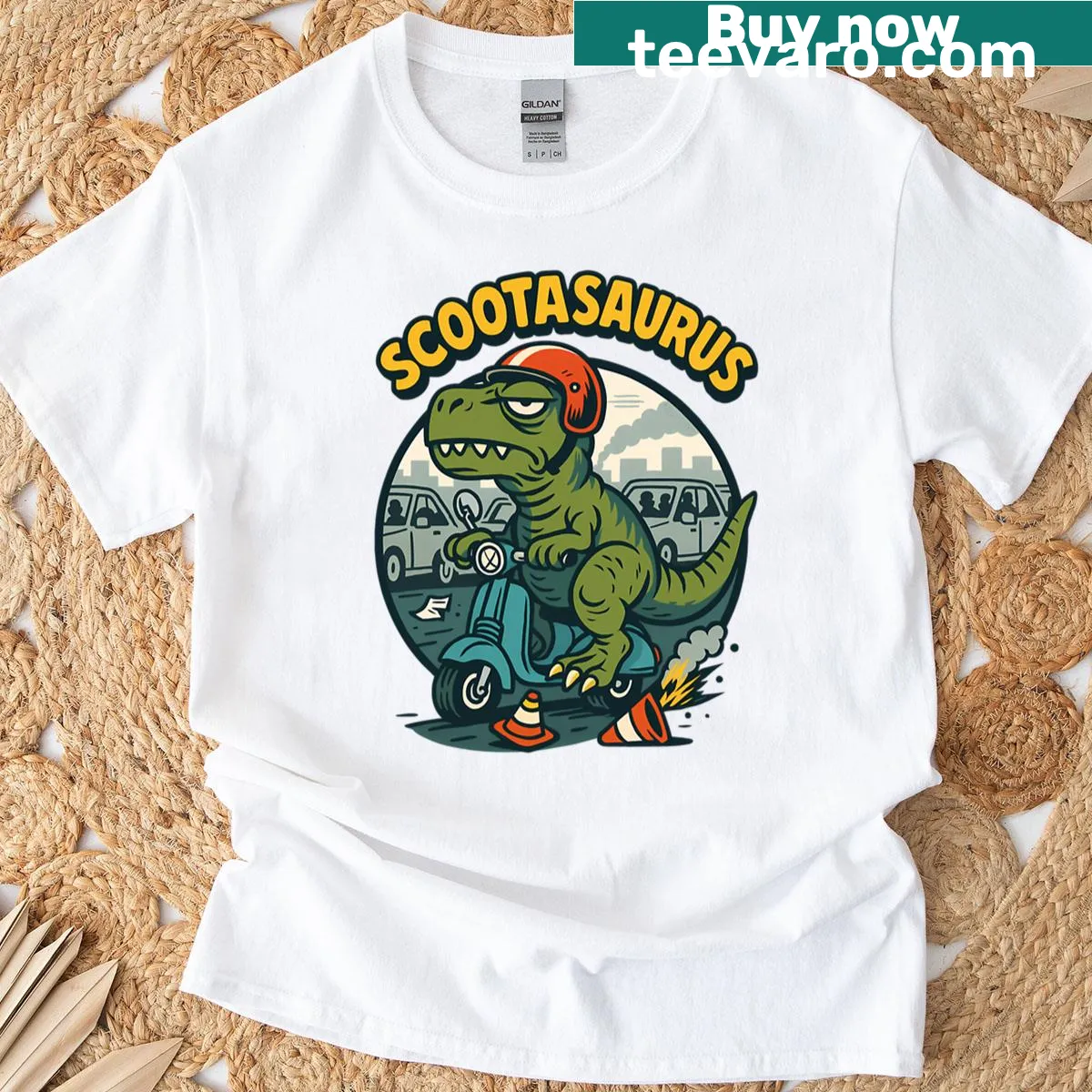 Oversized T Rex Scooter cartoon T-shirt with traffic chaos design — on a men's t-shirt