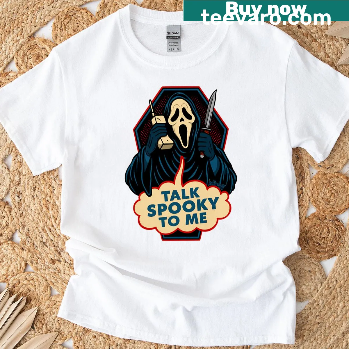 Fun T-shirt featuring a playful ghost mask and spooky text — on a men's t-shirt