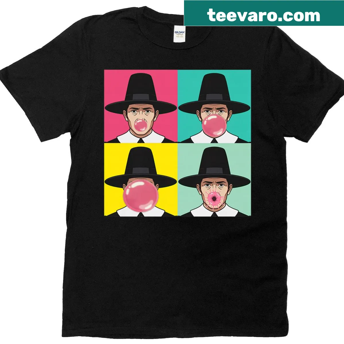 Pop Art-inspired Thanksgiving pilgrim T-shirt with bubble gum style — on a men's t-shirt