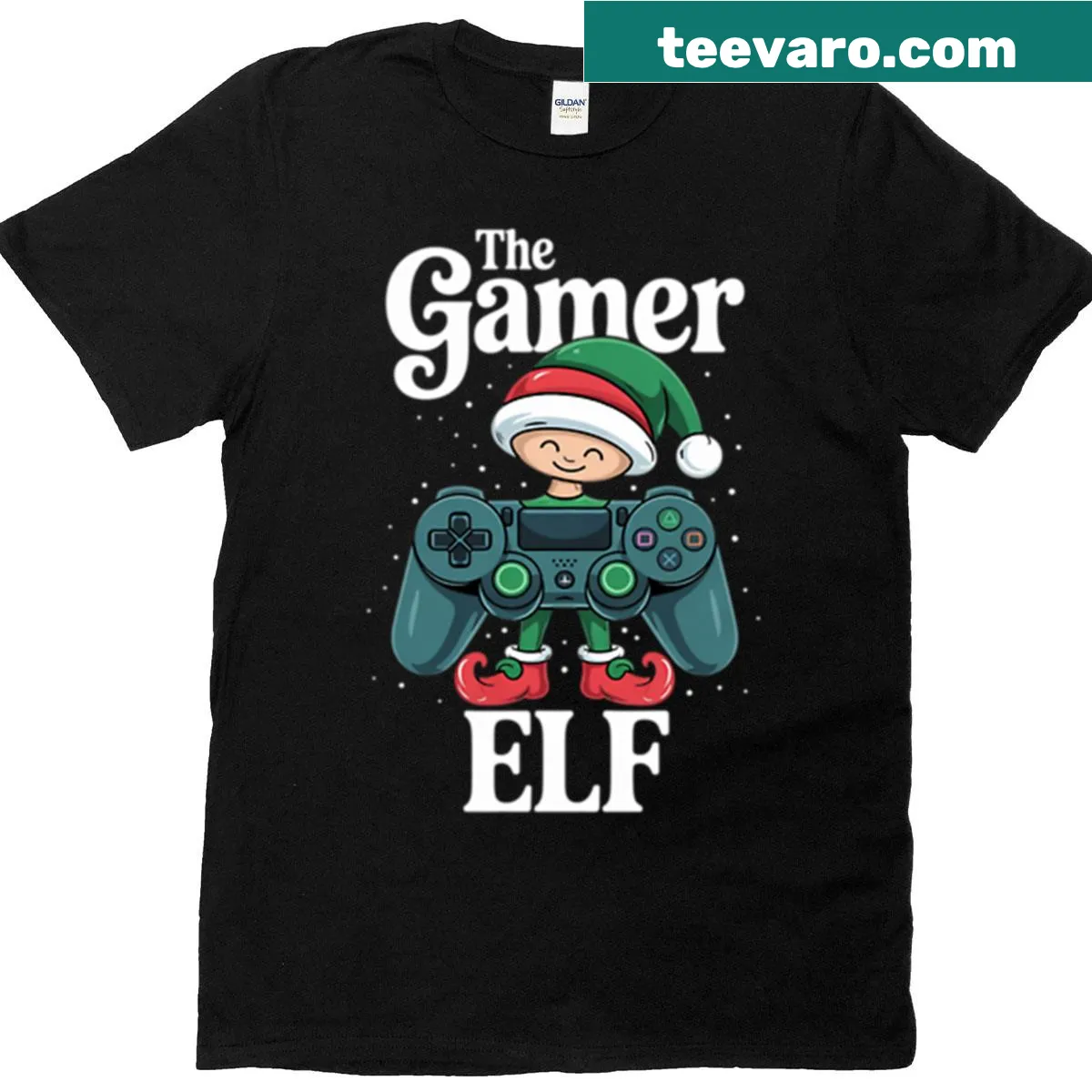 Vintage-style Christmas t-shirt with a gamer elf design. — on a men's t-shirt