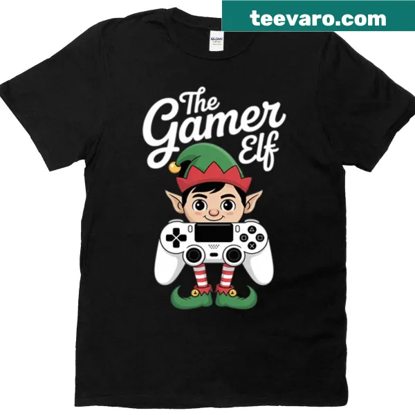 Gamer-themed Christmas T-shirt with playful elf design