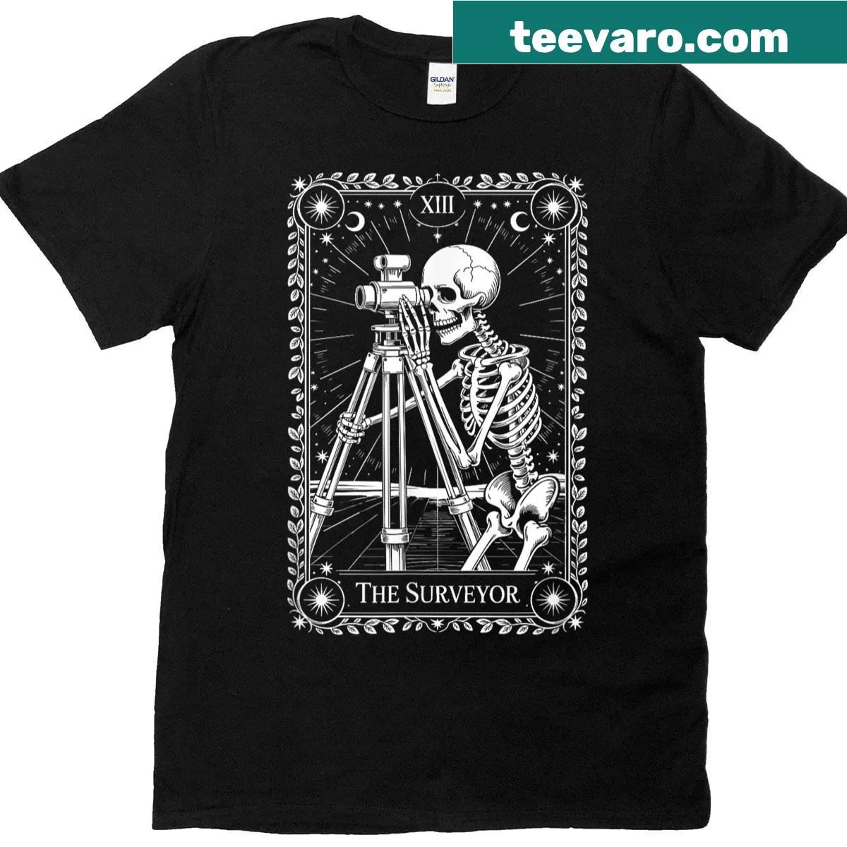 Surveying engineer T-shirt featuring a tarot card design — on a men's t-shirt