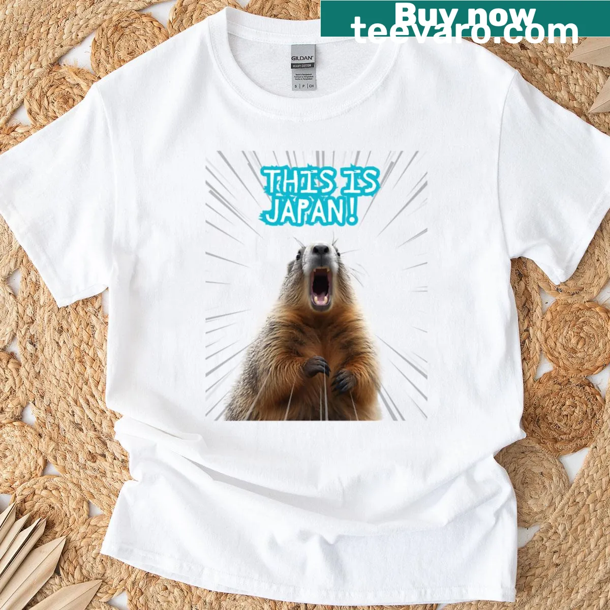 Japanese-themed T-shirt featuring a shouting marmot in vibrant design — on a men's t-shirt