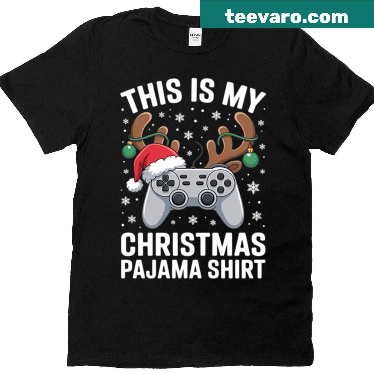 Christmas Pajama Gamer T-shirt with festive text — on a men's t-shirt