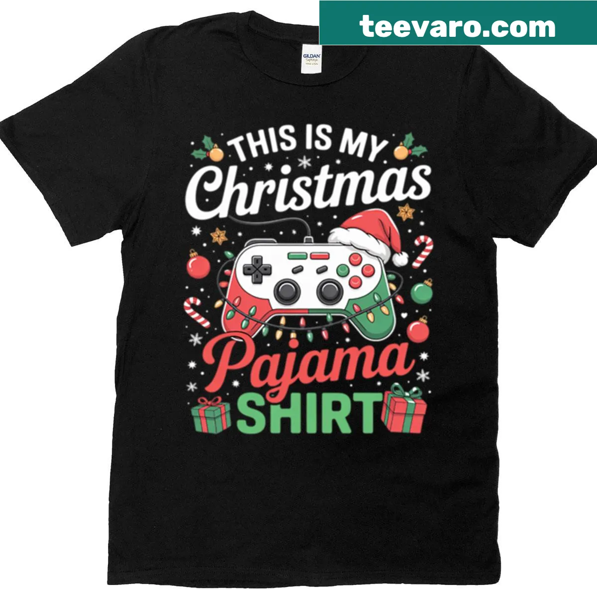 Cute Christmas pajama t-shirt with video game and Santa hat graphic for boys. — on a men's t-shirt