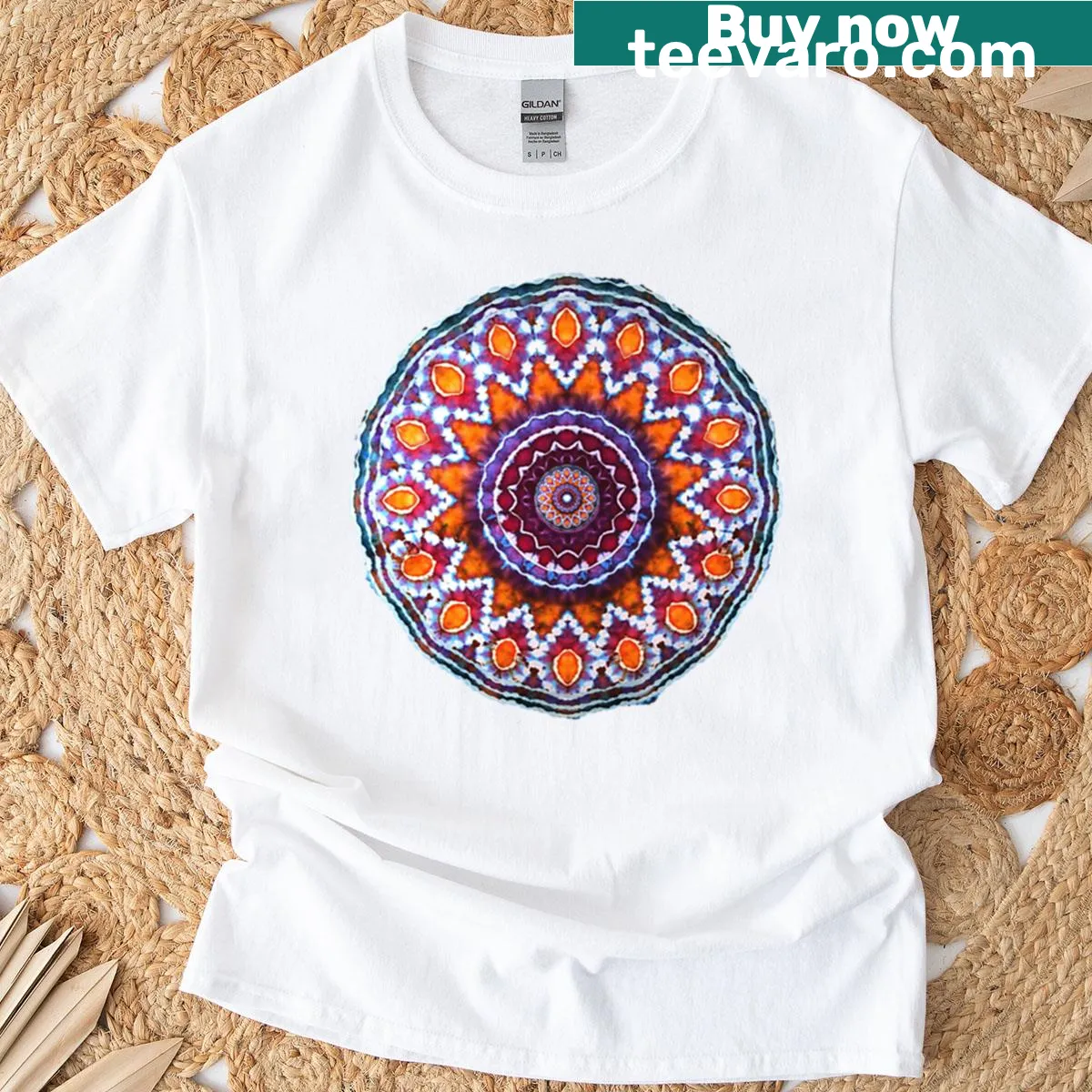Intricate mandala design with sun and star motifs — on a men's t-shirt