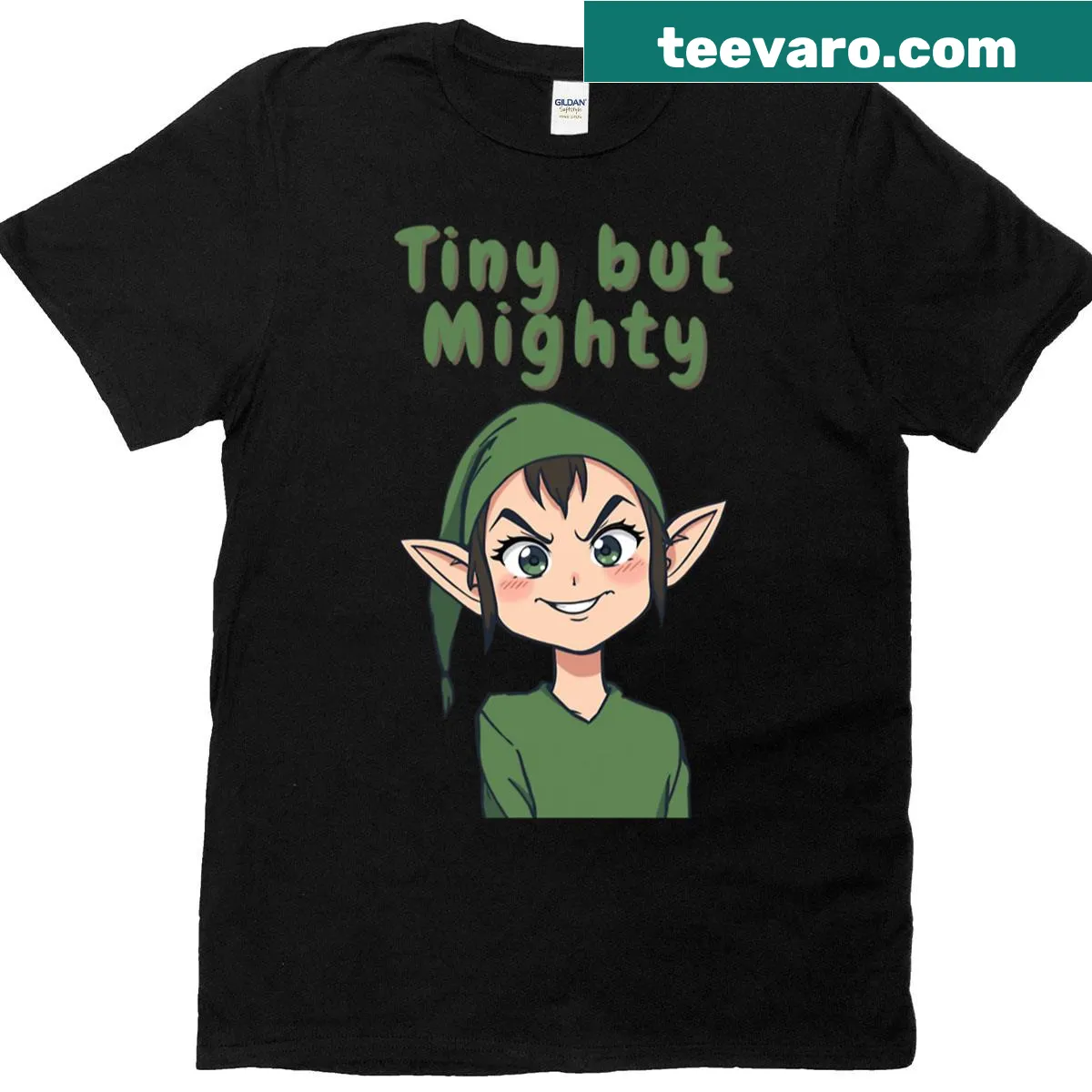 Funny anime t-shirt featuring a tiny but mighty elf graphic — on a men's t-shirt