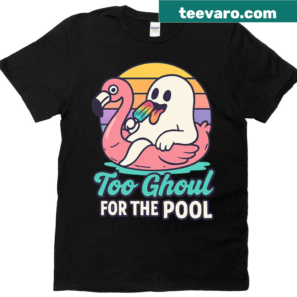 Funny Halloween t-shirt with a ghost flamingo graphic — on a men's t-shirt