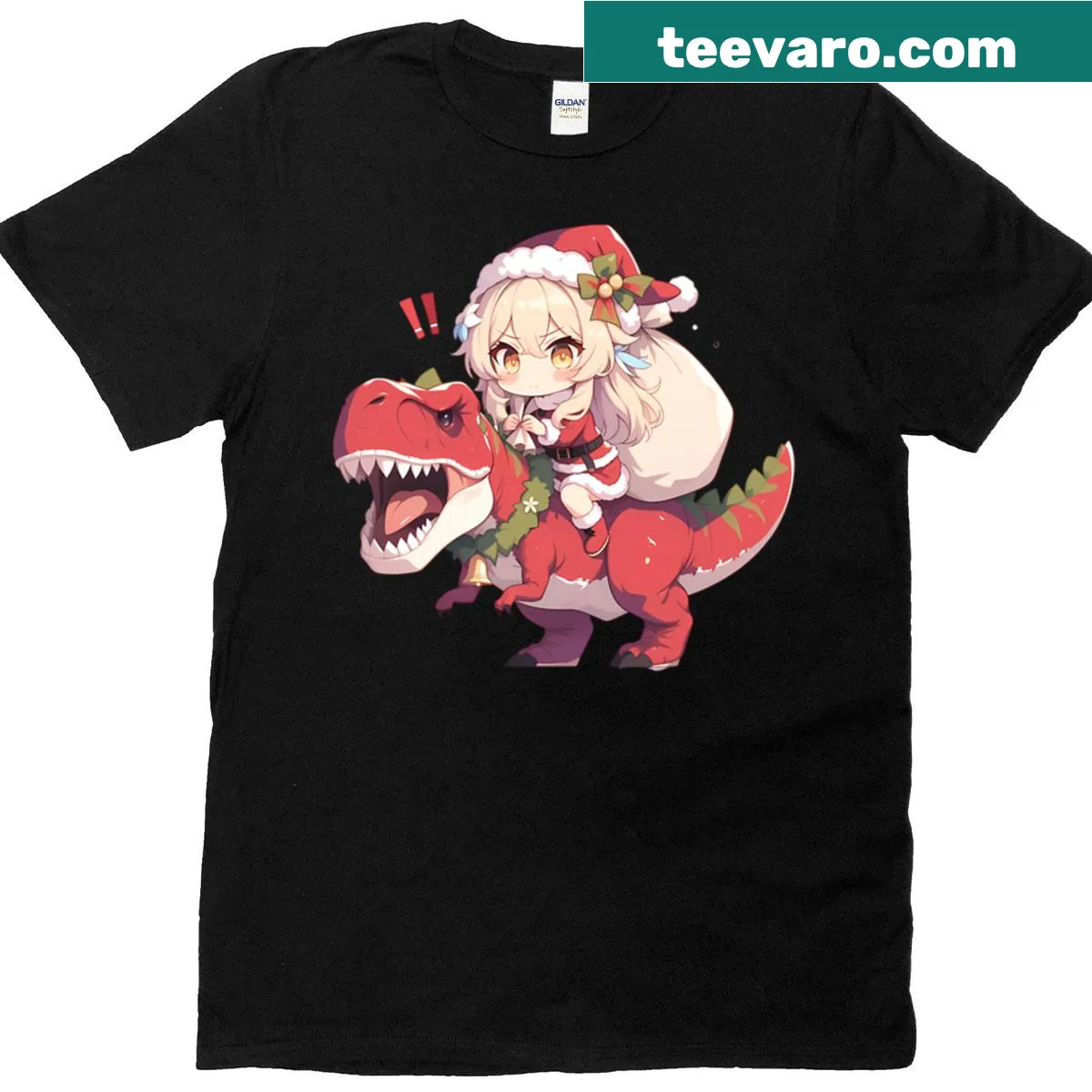 Christmas graphic with a girl riding a dinosaur in Genshin Impact style — on a men's t-shirt
