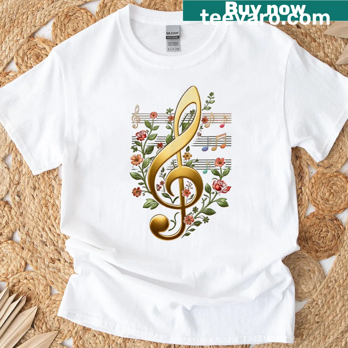 Treble clef entwined with floral notes illustration on t-shirt — on a men's t-shirt