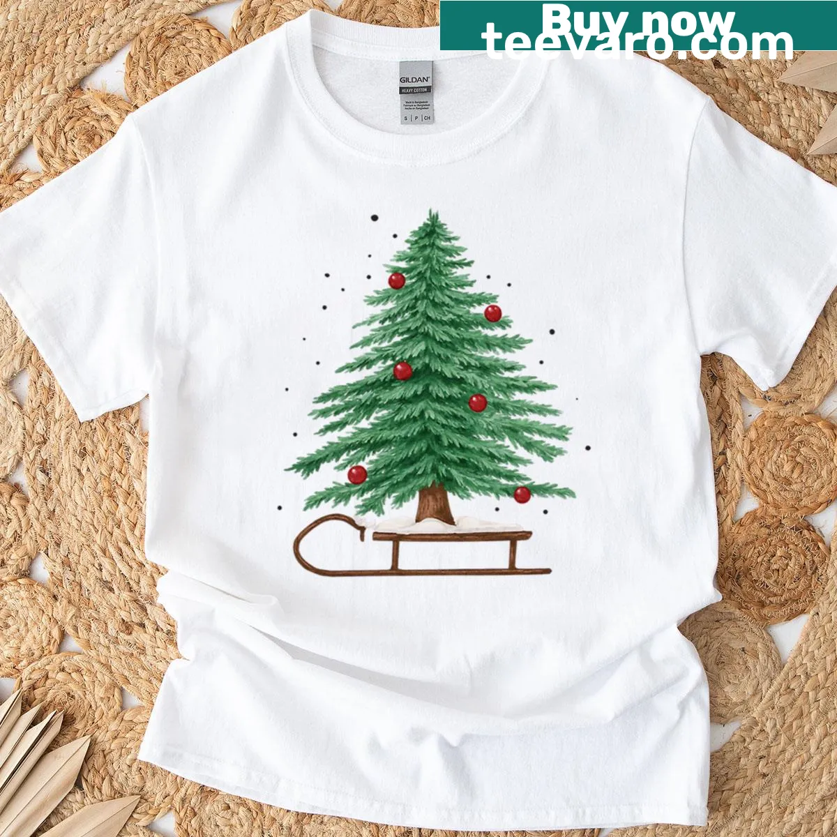 Illustration of a Christmas tree on a sleigh for festive wear — on a men's t-shirt
