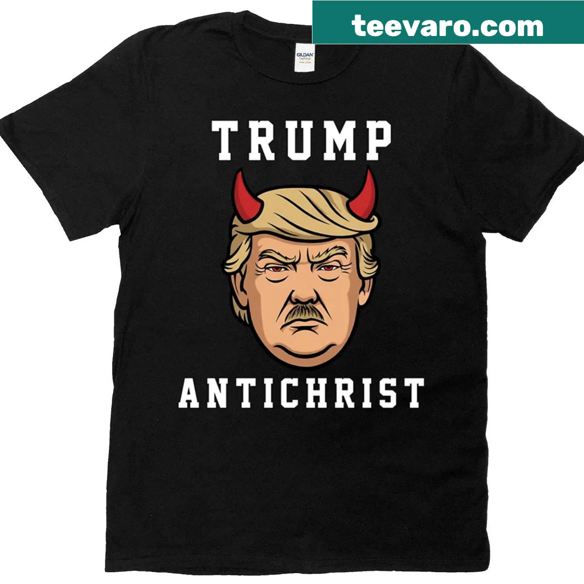 Political satire T-shirt with devil horns and text graphic — on a men's t-shirt