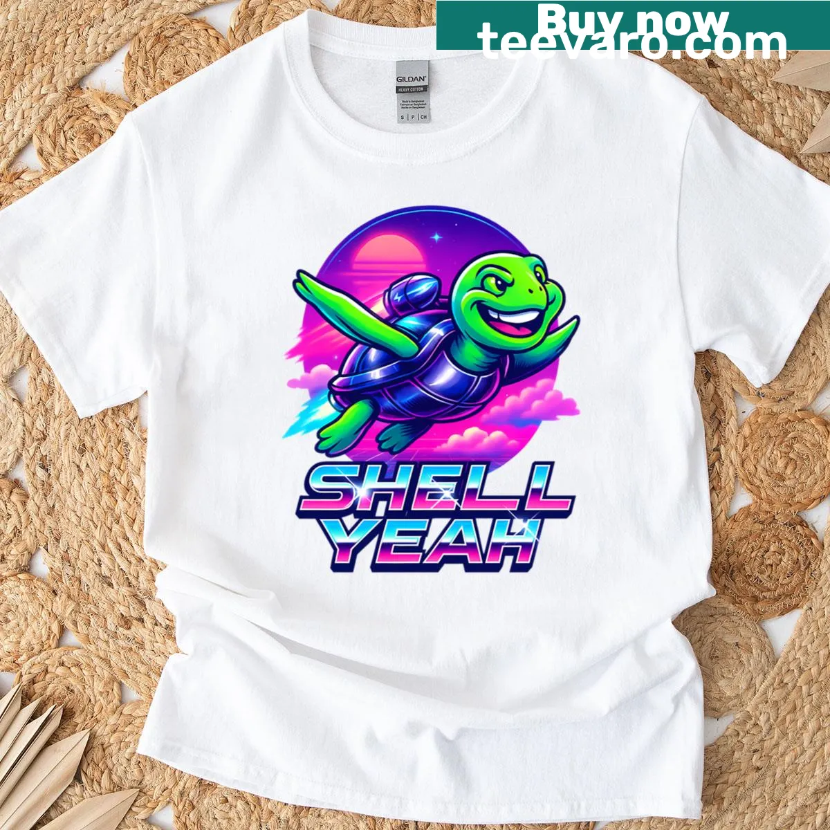 Playful T-shirt with a turtle in a jetpack flying through a neon sky — on a men's t-shirt