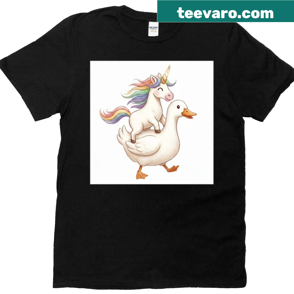 Cute unicorn riding a duck in a whimsical graphic — on a men's t-shirt