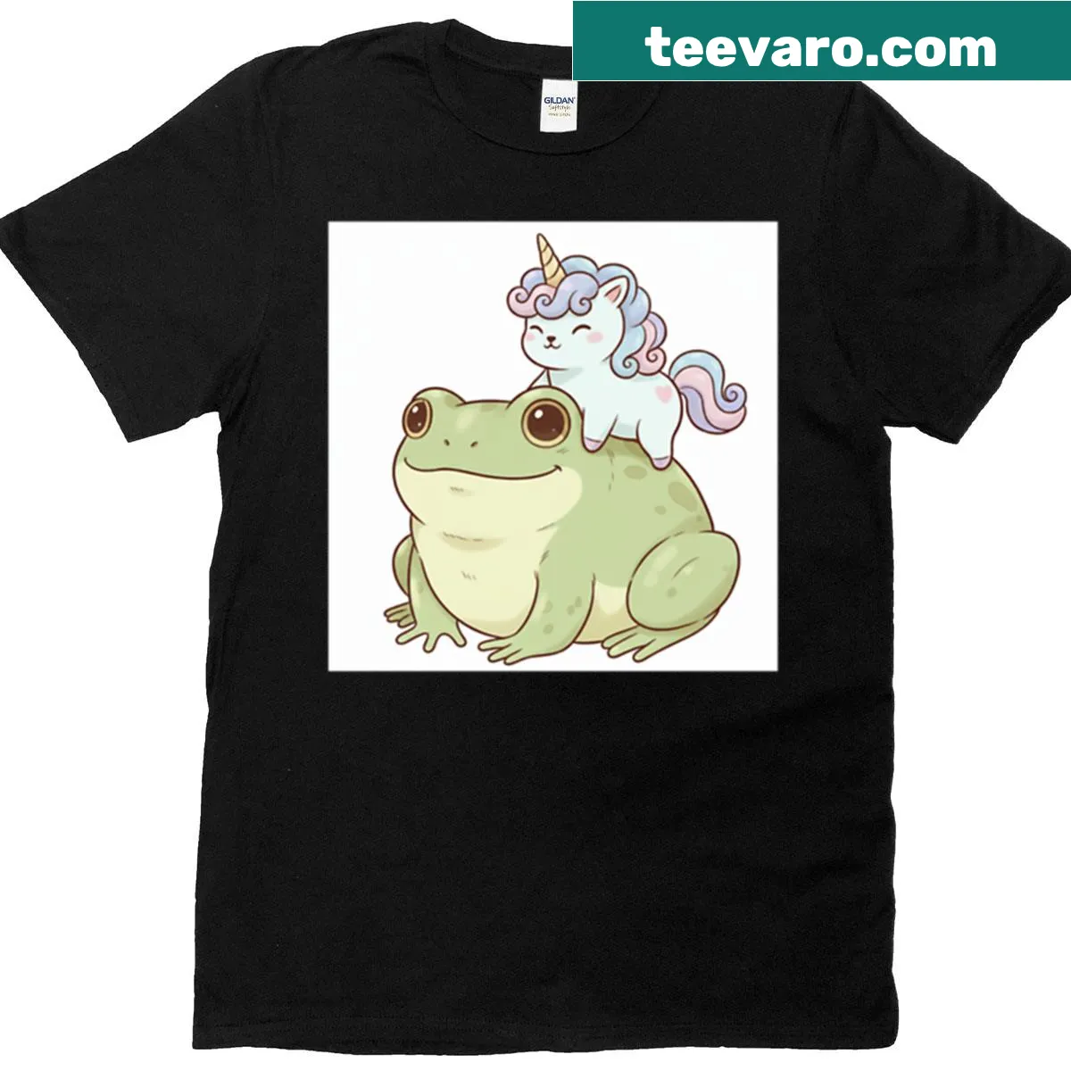Oversized T-shirt with a unicorn riding a frog and rainbow graphic — on a men's t-shirt