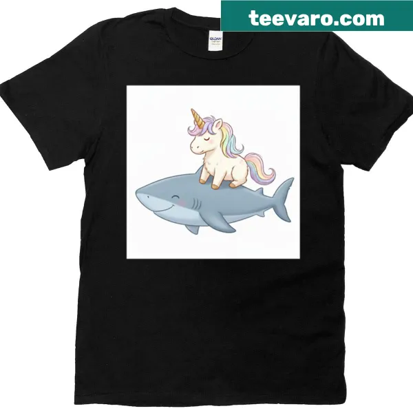 Kawaii unicorn riding a shark with rainbow and birthday theme