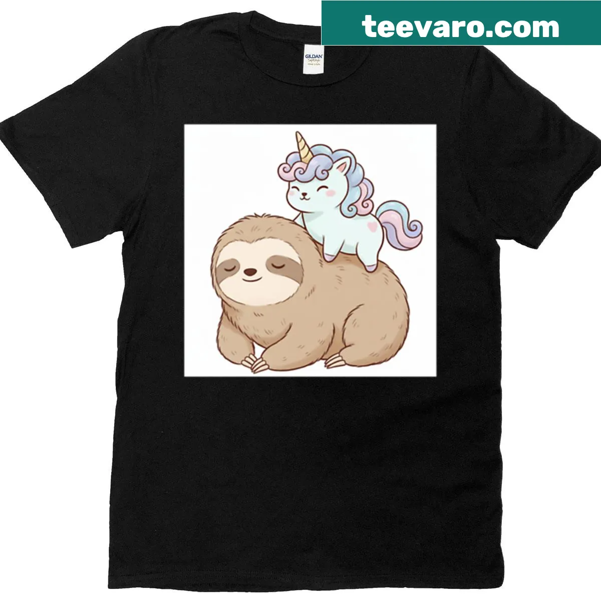Kawaii T-shirt with a unicorn riding a sloth and rainbow graphic — on a men's t-shirt