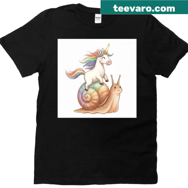 Kawaii T-shirt featuring unicorn on a snail with rainbow accents
