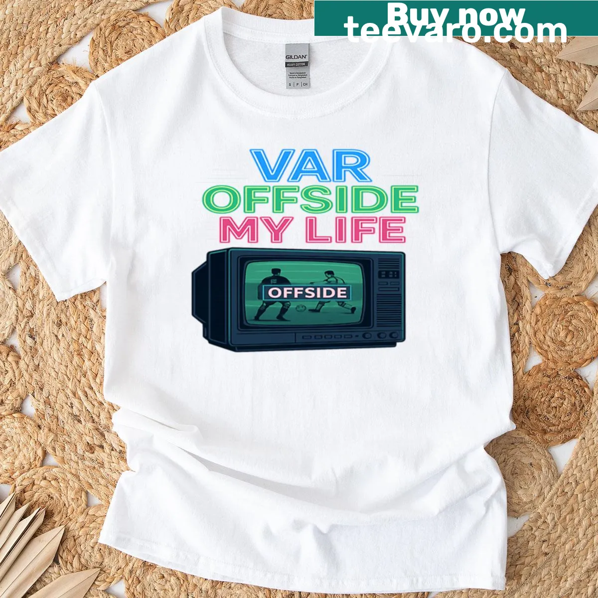 Oversized retro soccer fan tee with neon offside graphic — on a men's t-shirt