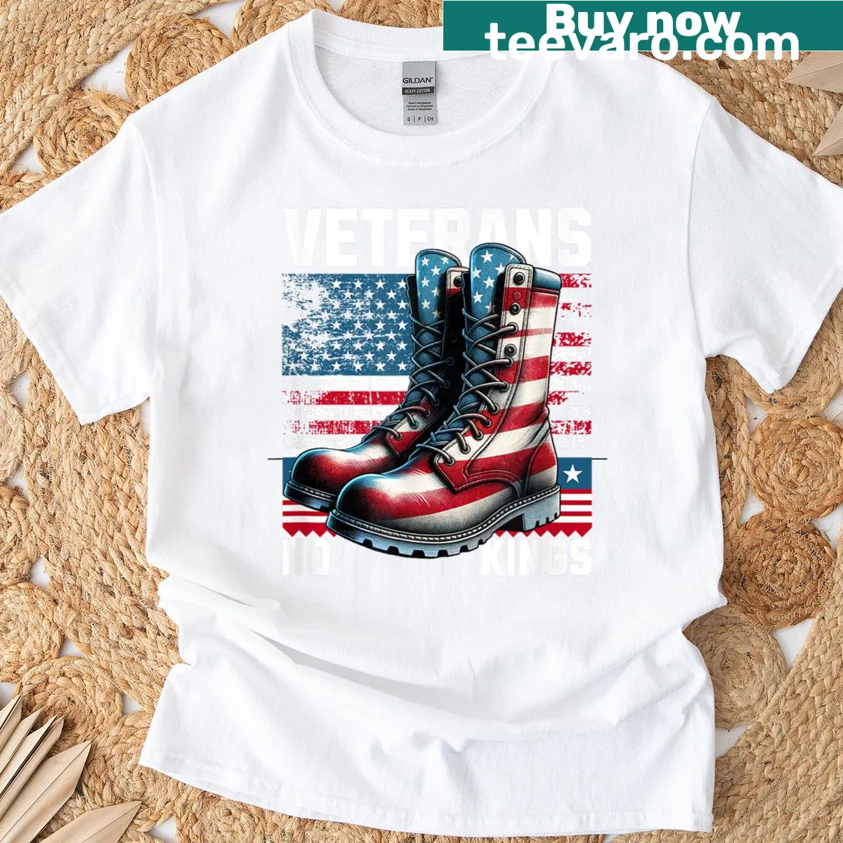 USA flag design with 'No Kings' military protest text — on a men's t-shirt