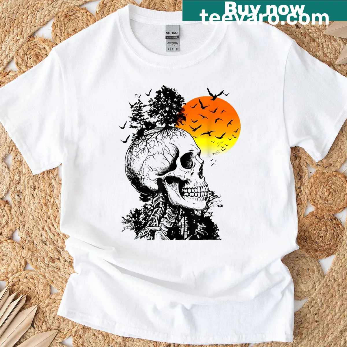 Vintage skeleton hangover graphic with tree and sunset — on a men's t-shirt