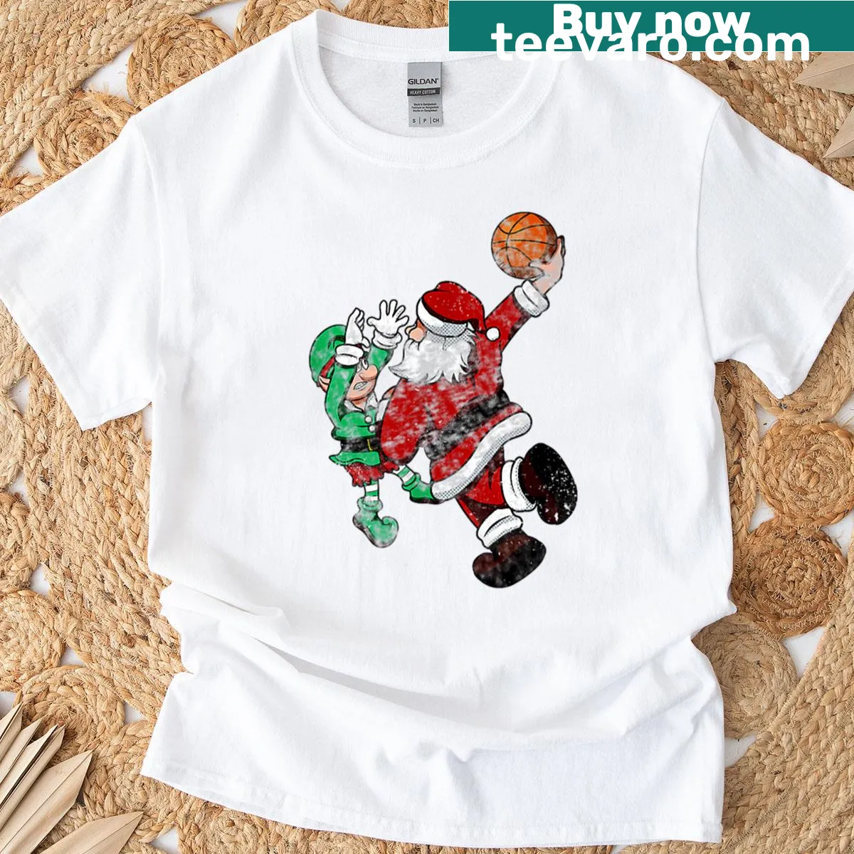 Santa Claus dunking a basketball over an elf graphic — on a men's t-shirt