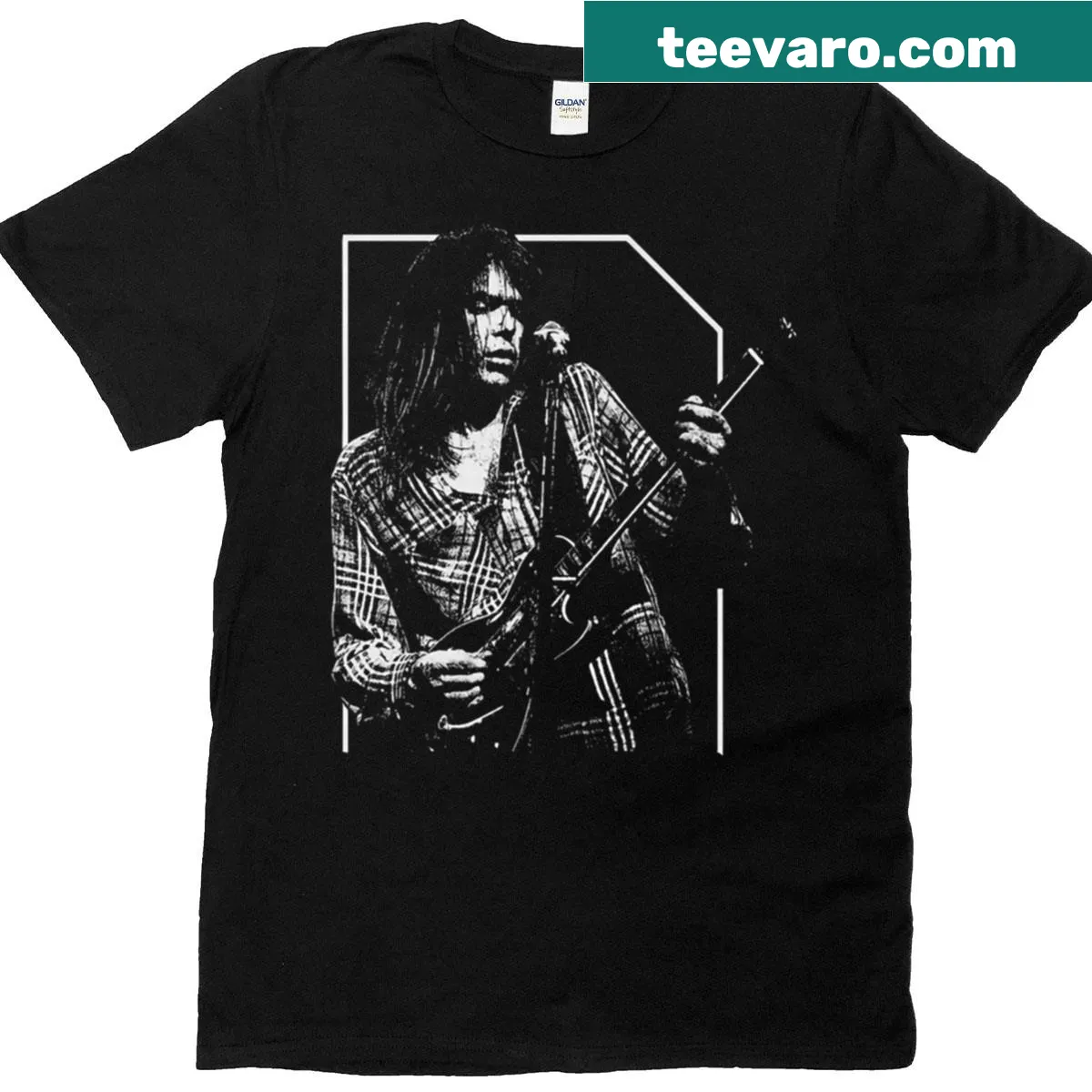Vintage-style t-shirt honoring Neil Young with distressed design — on a men's t-shirt