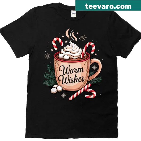 Cozy T-shirt featuring hot cocoa graphic and Christmas candy design