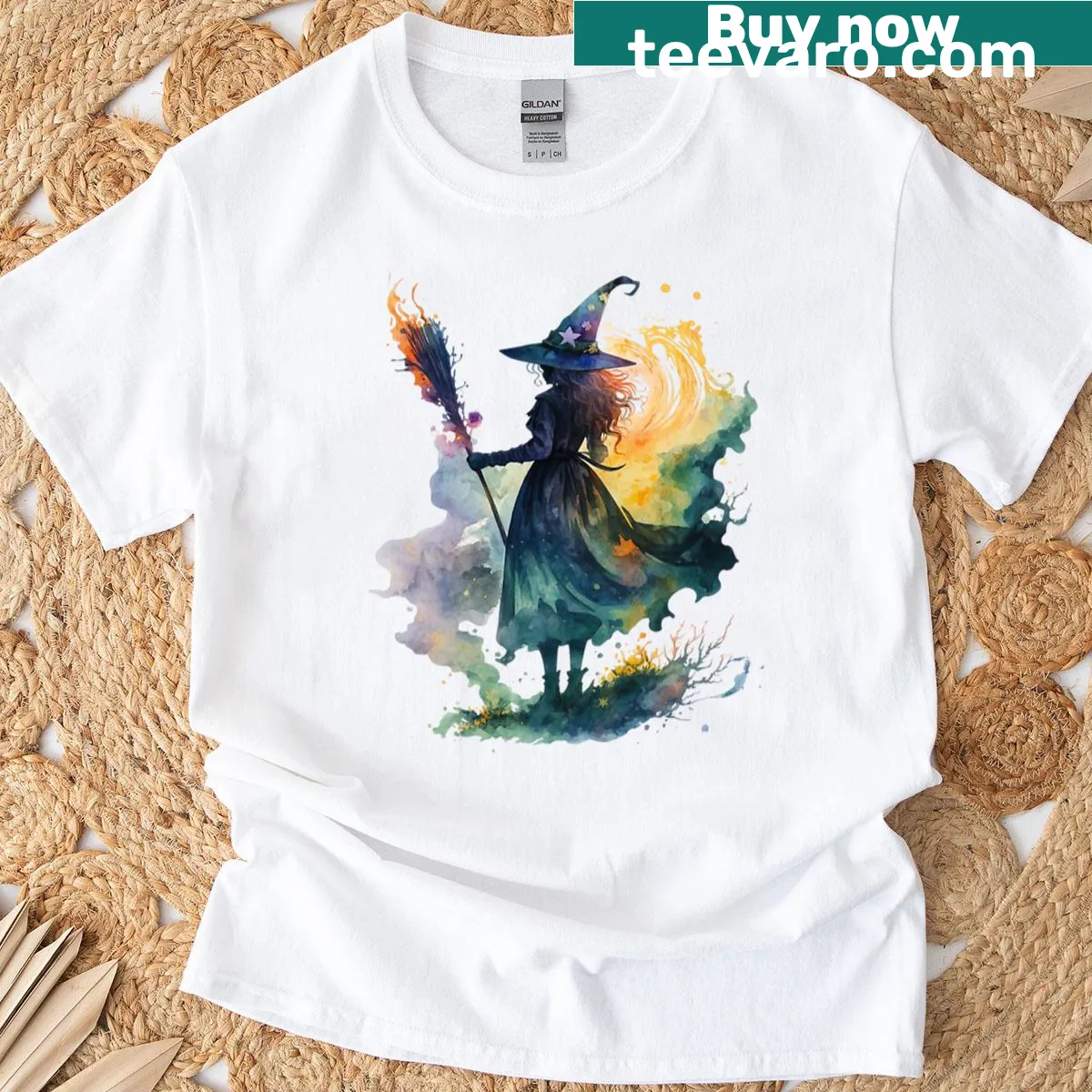 Watercolor illustration of a whimsical witch among nature — on a men's t-shirt