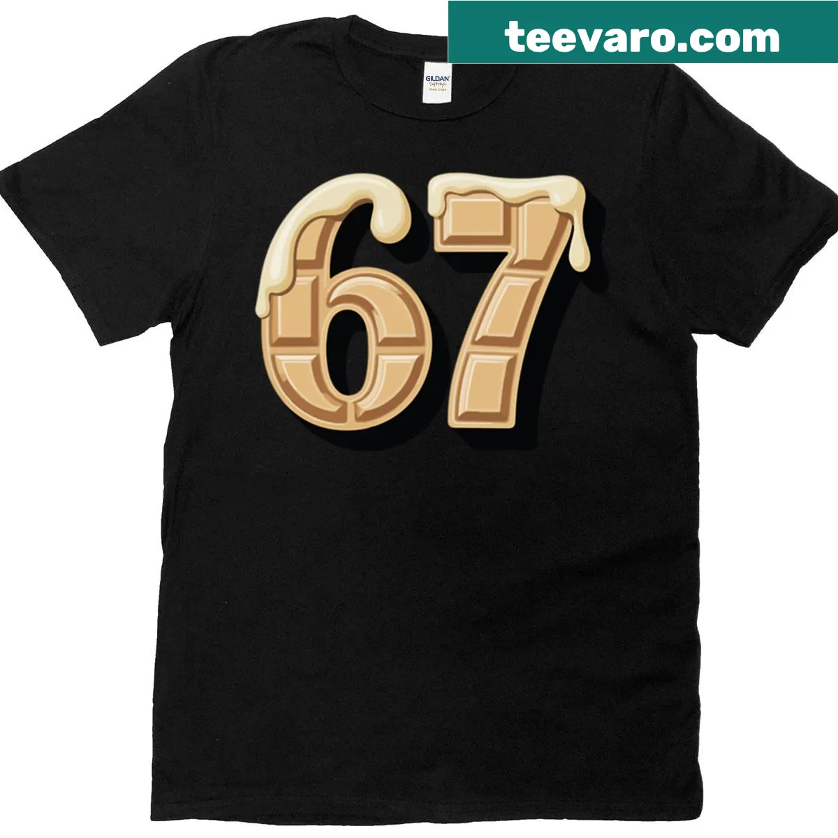 Funny White Chocolate 67 meme t-shirt featuring humorous text. — on a men's t-shirt