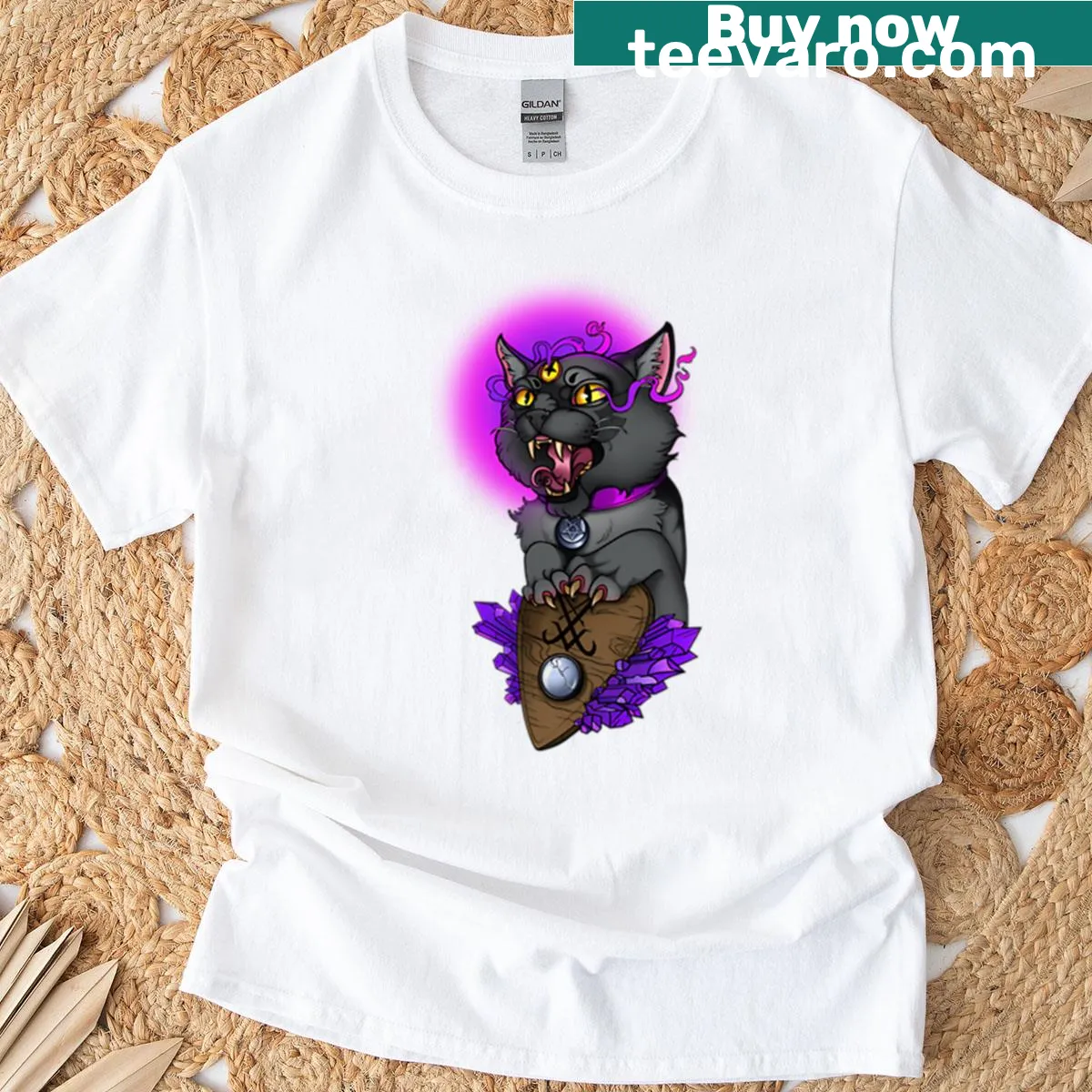 Illustrated black cat with crystals graphic t-shirt — on a men's t-shirt