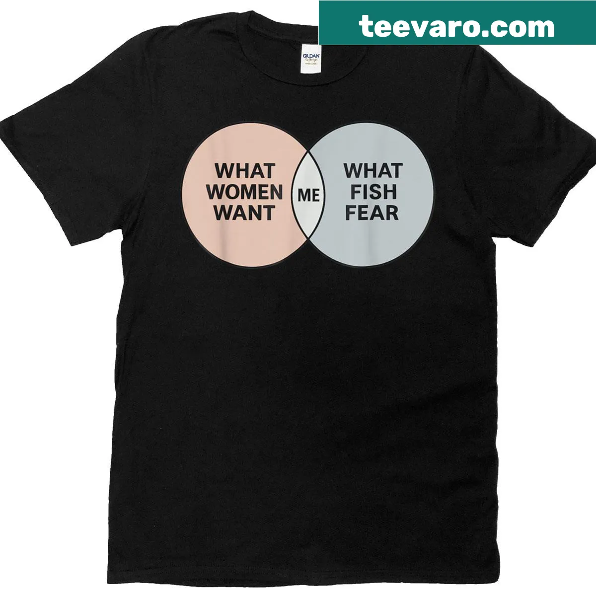 Venn diagram graphic featuring humor about fishing and women — on a men's t-shirt