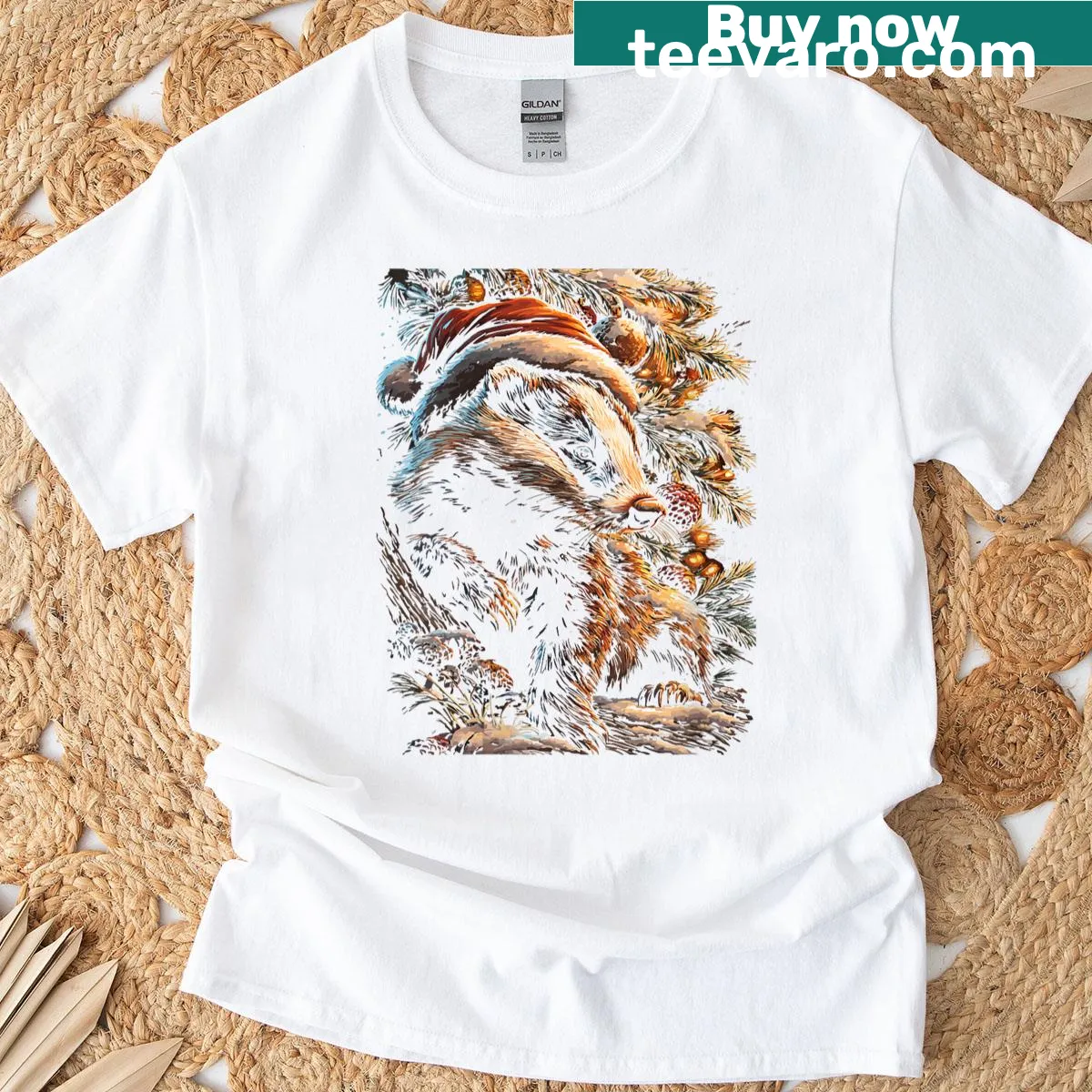 Cute Christmas t-shirt with a badger wearing a Santa hat — on a men's t-shirt