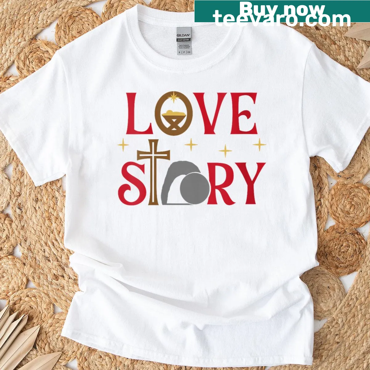 Christian-themed Christmas shirt with nativity and cross illustration — on a men's t-shirt