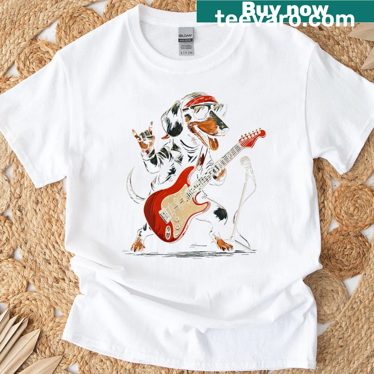 Funny dachshund dog playing guitar graphic t-shirt — on a men's t-shirt