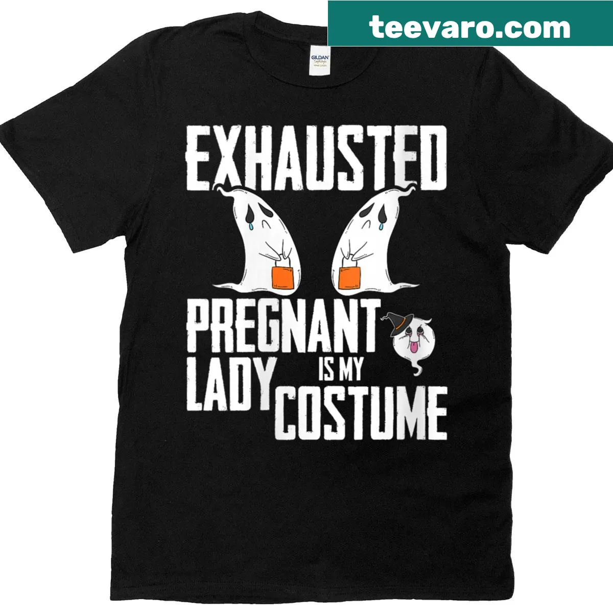 Funny Halloween t-shirt featuring an exhausted pregnant lady illustration — on a men's t-shirt