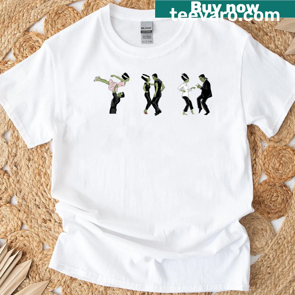 Retro-style Frankenstein bride dancing graphic shirt for women — on a men's t-shirt