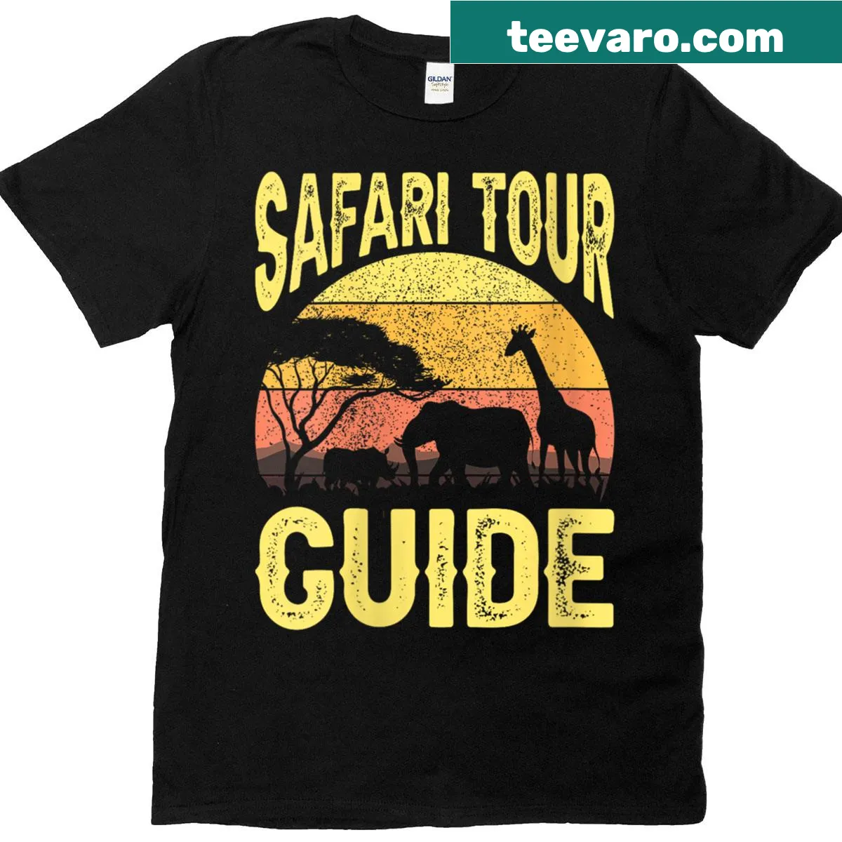 Funny safari tour guide T-shirt with African animal graphics — on a men's t-shirt