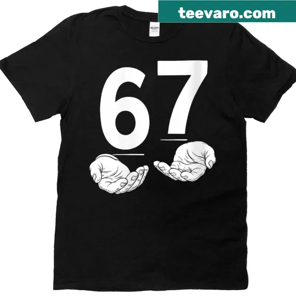 Trendy meme text '6 7' graphic on a t-shirt designed for humor
