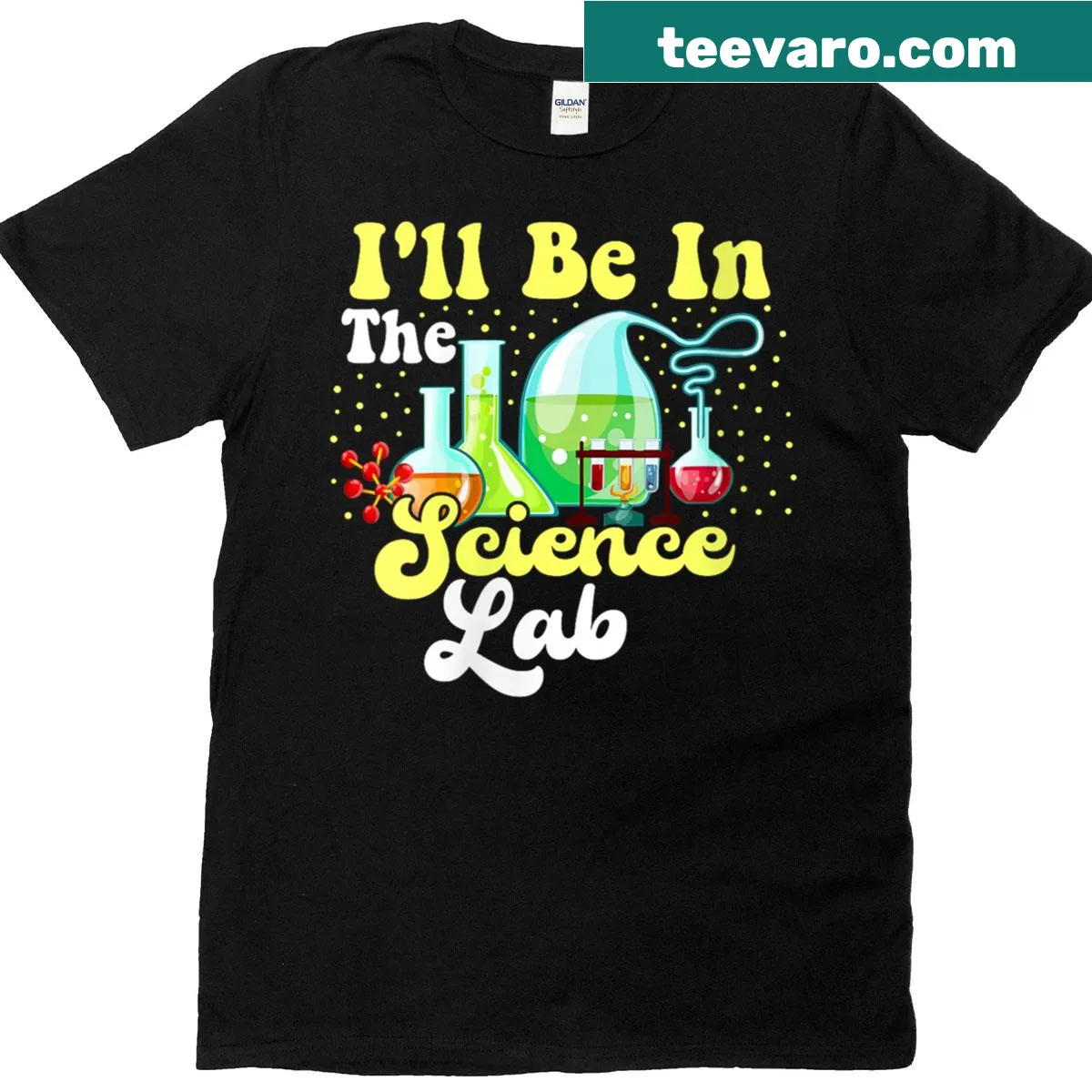 Science-themed T-shirt with text about being in the lab — on a men's t-shirt