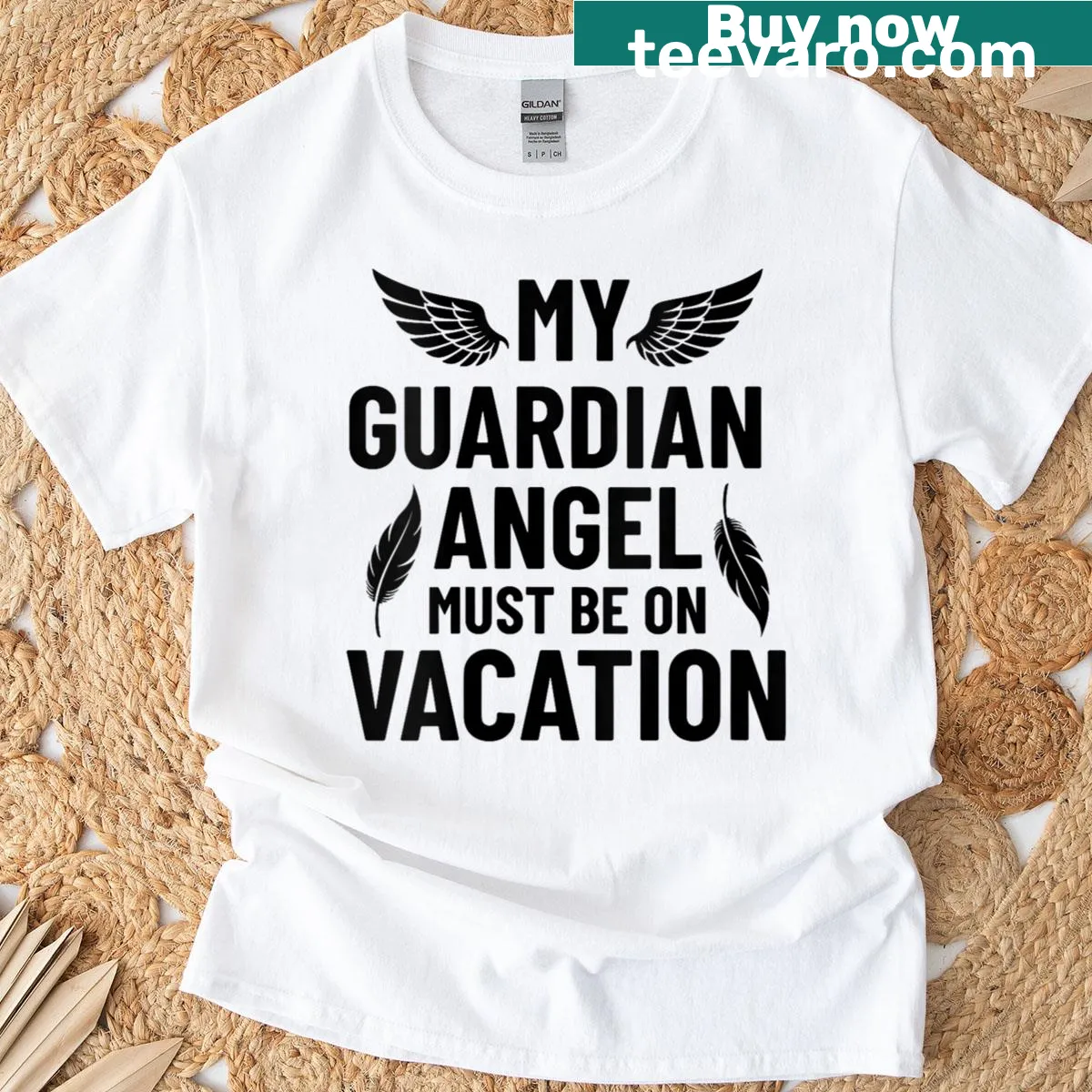 Funny t-shirt with 'My Guardian Angel Must Be On Vacation' saying — on a men's t-shirt