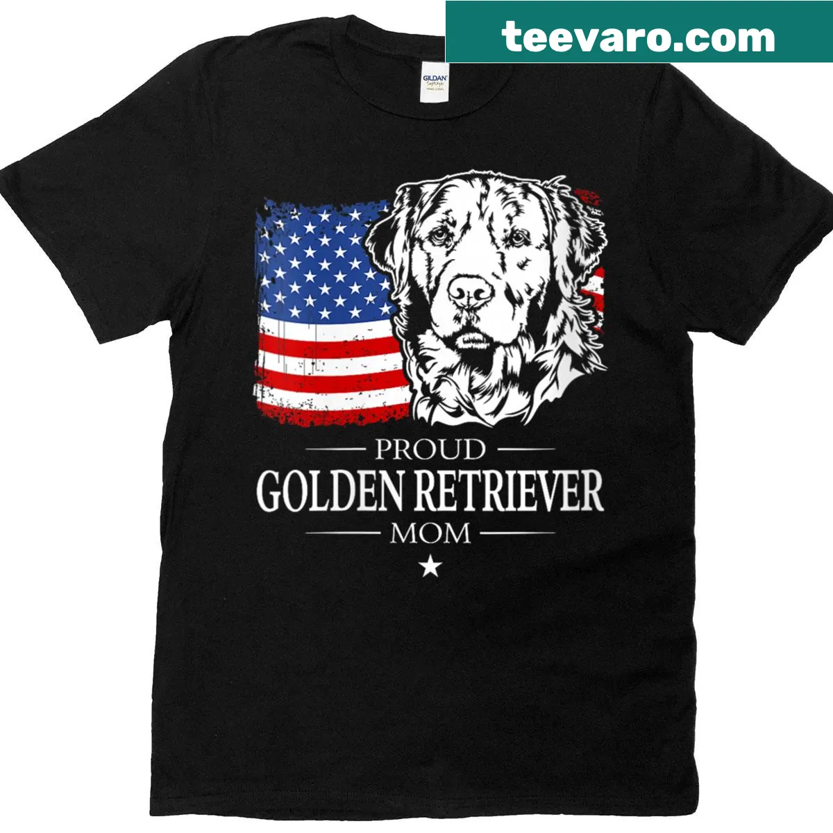Golden Retriever and American flag graphic on a women's t-shirt, patriotic design — on a men's t-shirt