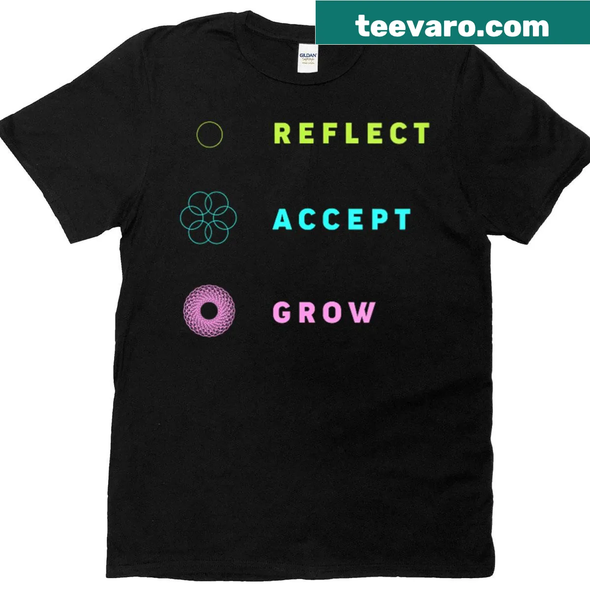 Inspiring t-shirt for women with the text: Reflect, Accept, Grow. — on a men's t-shirt
