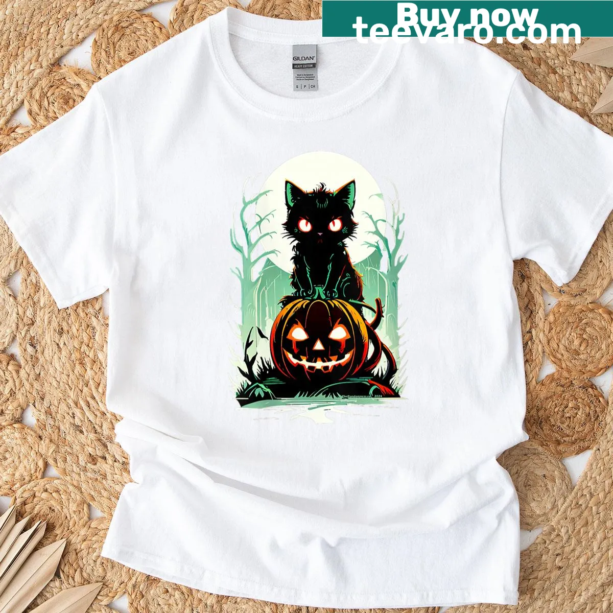 Halloween T-shirt featuring a black cat on a pumpkin under a moon — on a men's t-shirt