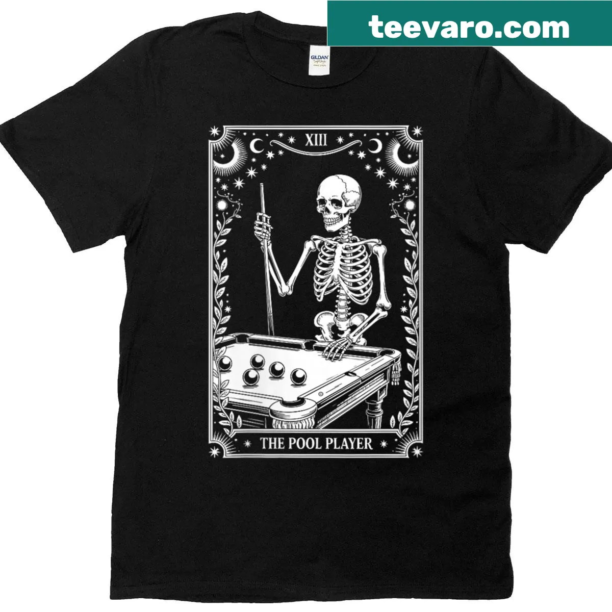 Tarot card graphic featuring a pool player illustration on a t-shirt — on a men's t-shirt
