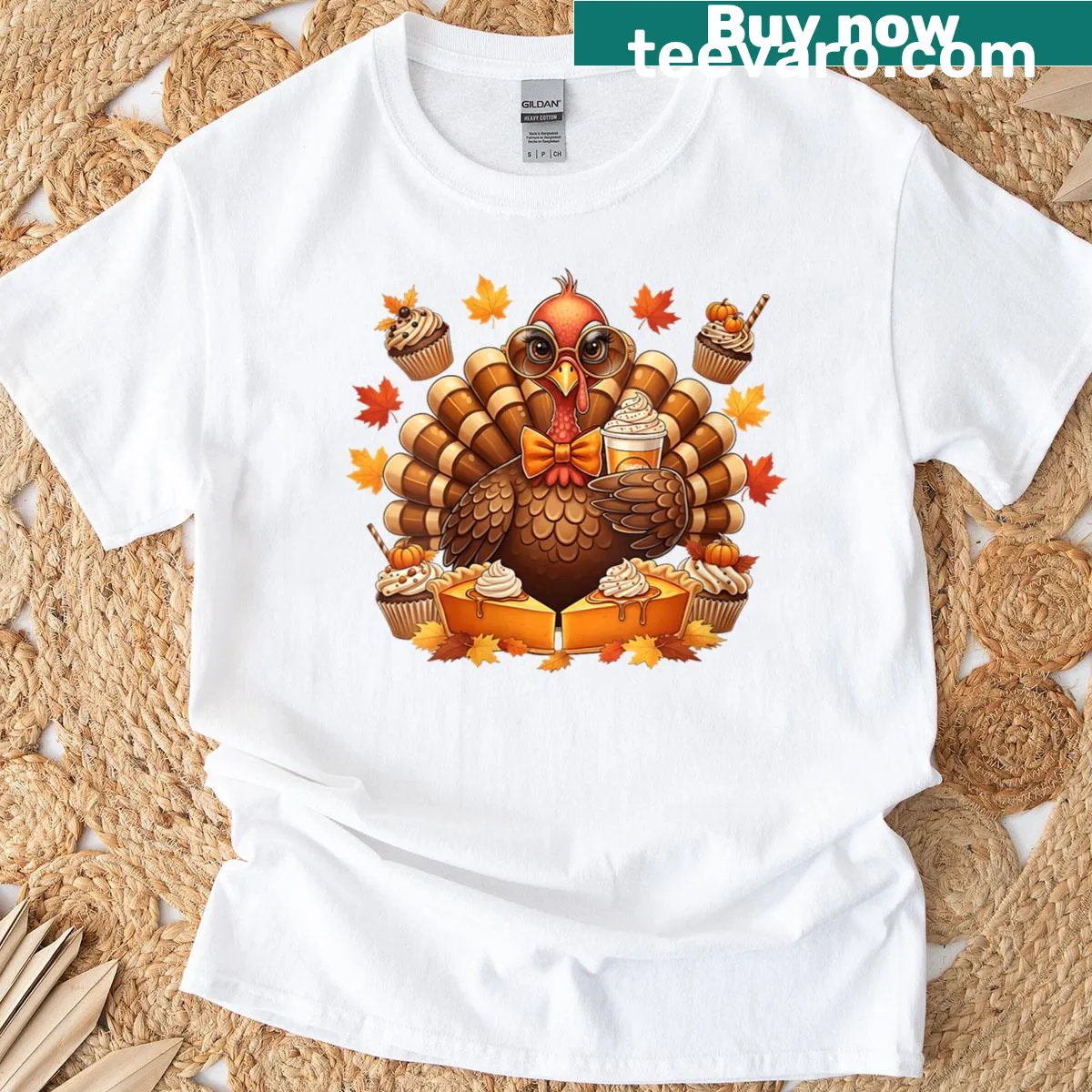 Cartoon of a turkey with a pumpkin spice latte and bow — on a men's t-shirt