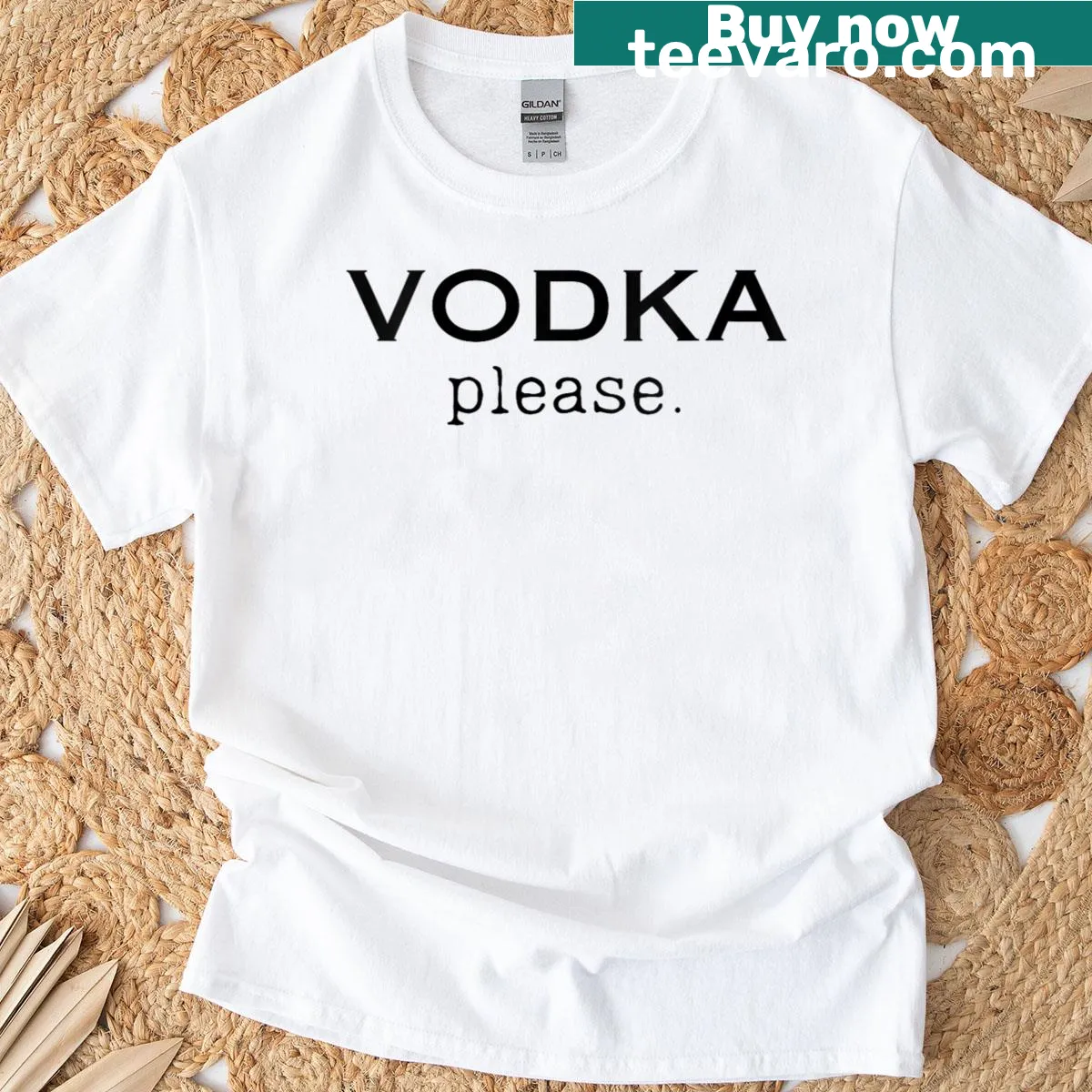 Fashionable t-shirt with the quote 'Vodka Please' designed for women — on a men's t-shirt