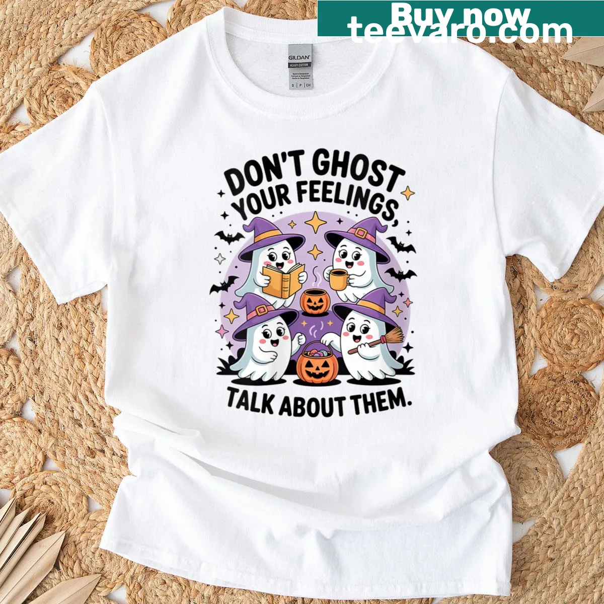 Cute illustrated ghost friends on Halloween T-shirt for women — on a men's t-shirt