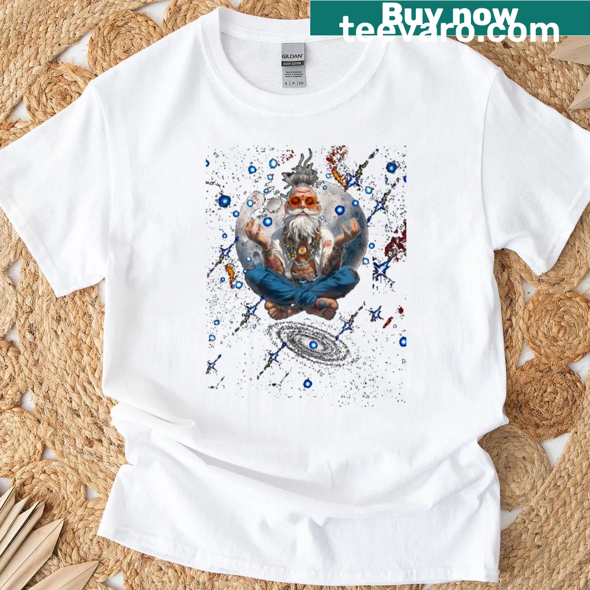 T-shirt featuring an illustration of an old man meditating in yoga pose — on a men's t-shirt
