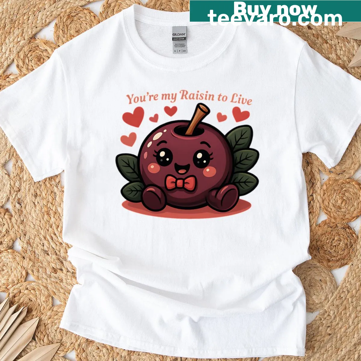 Oversized t-shirt with the cute pun 'You’re My Raisin to Live' — on a men's t-shirt